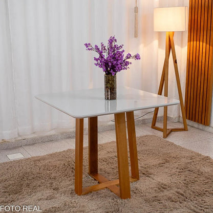 Mesa de Jantar Pedro 90×90 Vidro Off/Base Madeira + 4 Cad. Lisboa Veludo Bege 512 Madeira Art Assento – Entregue Montada