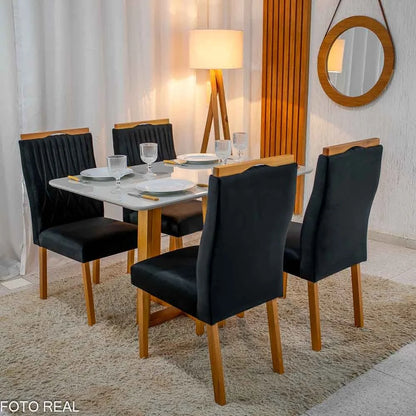 Mesa de Jantar Pedro 120×80 Vidro Off/Base Madeira + 4 Cad. Genova Veludo Preto 504 Madeira Art Assento – Entregue Montada