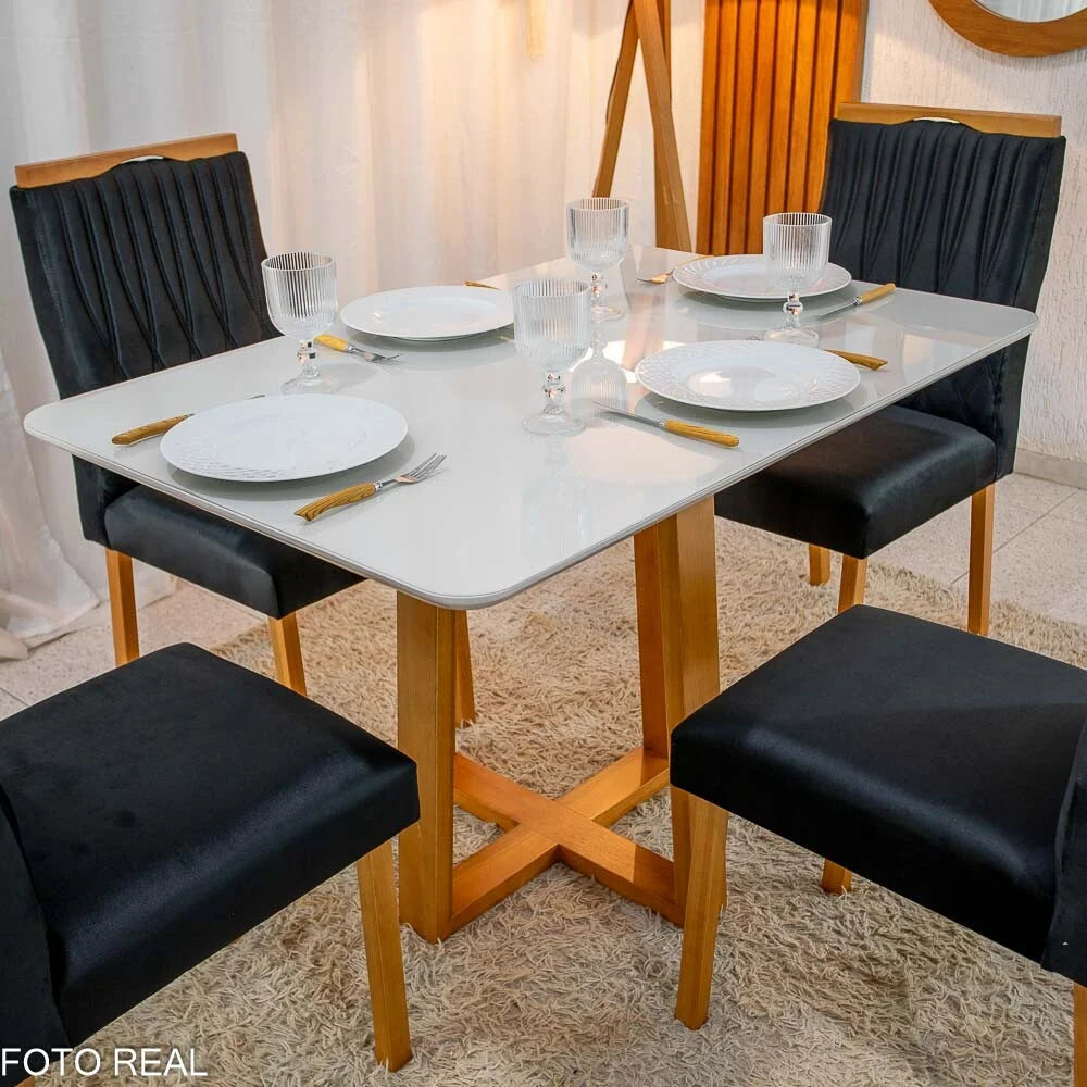 Mesa de Jantar Pedro 120×80 Vidro Off/Base Madeira + 4 Cad. Genova Veludo Preto 504 Madeira Art Assento – Entregue Montada