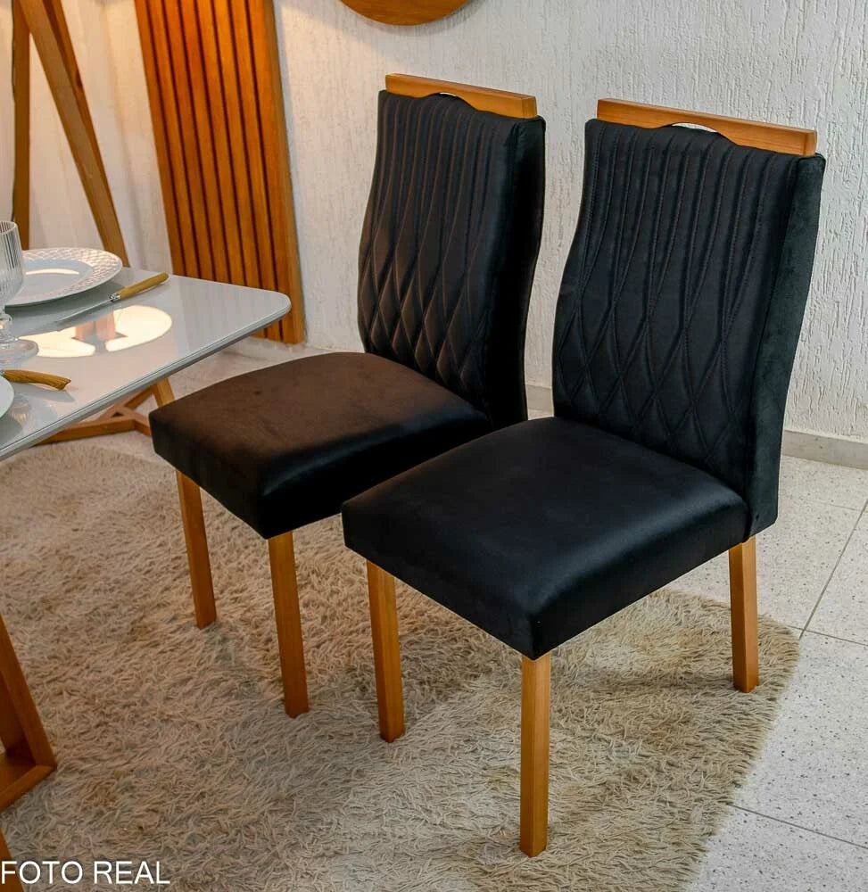 Mesa de Jantar Pedro 120×80 Vidro Off/Base Madeira + 4 Cad. Genova Veludo Preto 504 Madeira Art Assento – Entregue Montada