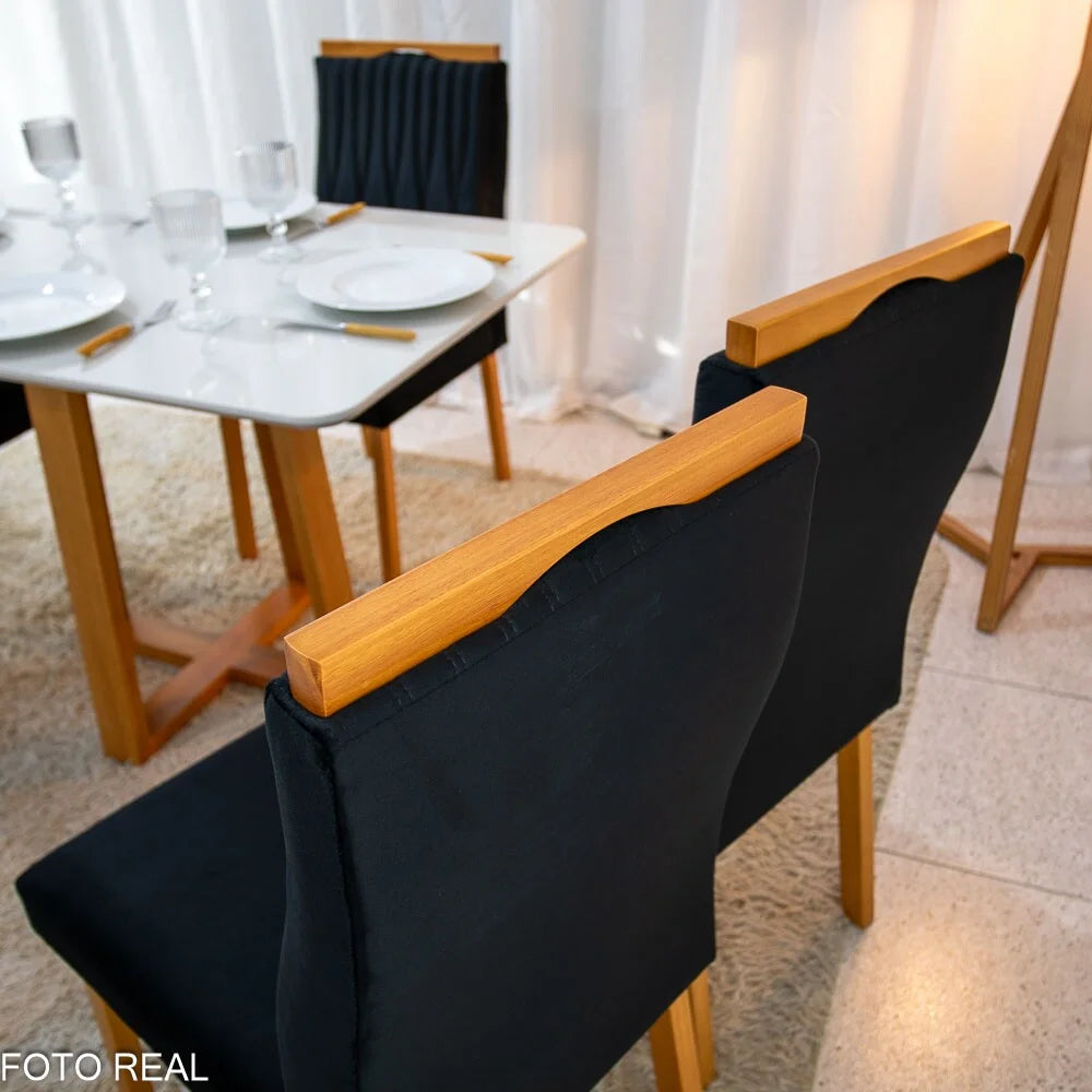 Mesa de Jantar Pedro 120×80 Vidro Off/Base Madeira + 4 Cad. Genova Veludo Preto 504 Madeira Art Assento – Entregue Montada