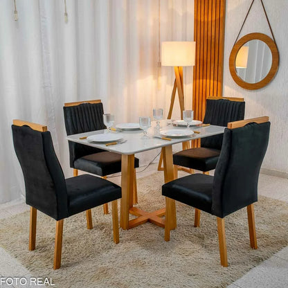 Mesa de Jantar Pedro 120×80 Vidro Off/Base Madeira + 4 Cad. Genova Veludo Preto 504 Madeira Art Assento – Entregue Montada