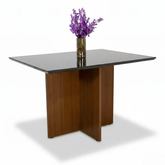 Mesa Jantar Helo 120×90 Tampo Vidro Preto/Base Mel – Poliman