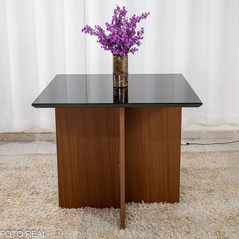 Mesa Jantar Helo 90×90 Vidro Preto/Base Mel – Poliman