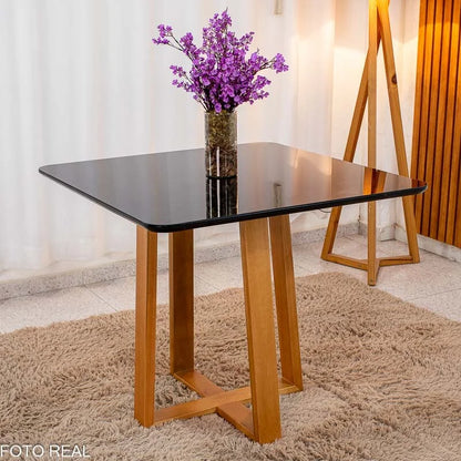 Mesa Pedro 90×90 Vidro Preto/Base Madeira Art Assento – Entregue Montada
