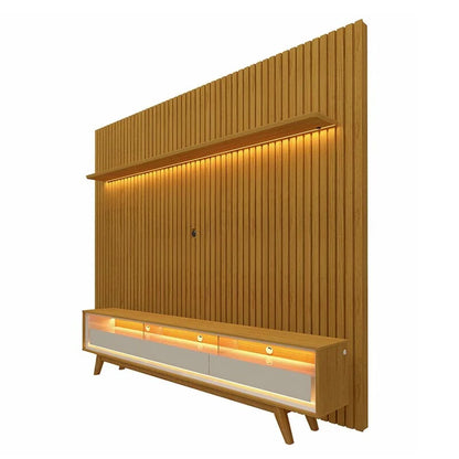 Rack Requinte Larg. 2.12m Naturale/off + Painel Nobre Larg. 2.30m Naturale Ripado C/ Led 100% MDF TV até 85″ – Gelius