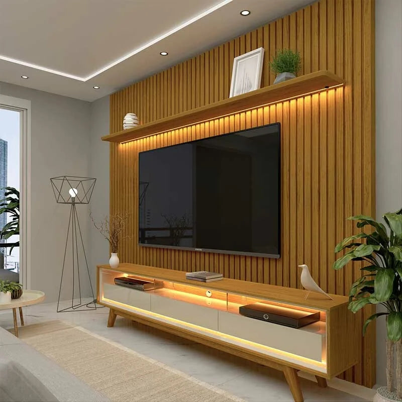 Rack Requinte Larg. 2.12m Naturale/off + Painel Nobre Larg. 2.30m Naturale Ripado C/ Led 100% MDF TV até 85″ – Gelius