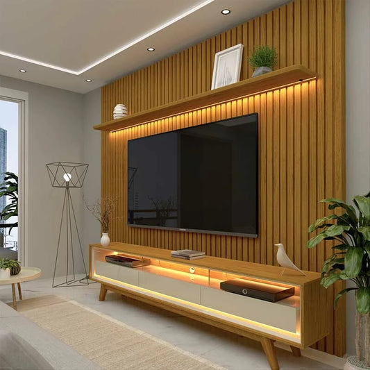 Rack Requinte Larg. 2.12m Naturale/off + Painel Nobre Larg. 2.30m Naturale Ripado C/ Led 100% MDF TV até 85″ – Gelius
