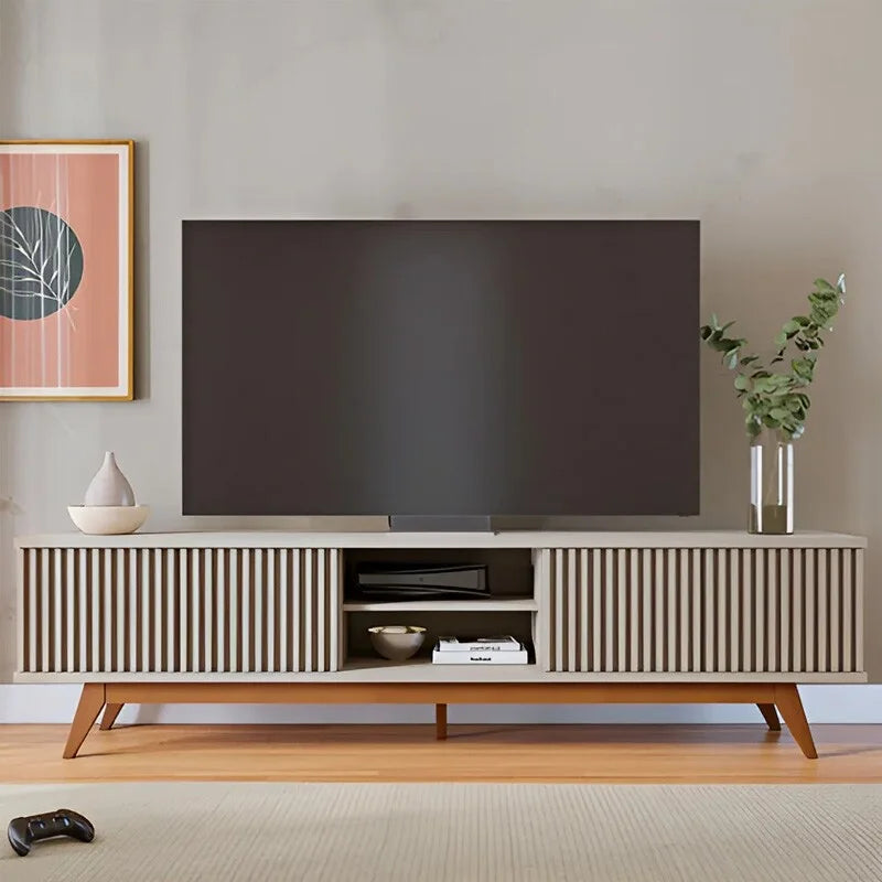 Rack Bancada Fortaleza C/Detalhe Ripado Larg. 2.18m Off White Para TV’s até 75 Polegadas – Colibri