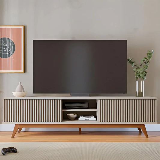 Rack Bancada Fortaleza C/Detalhe Ripado Larg. 2.18m Off White Para TV’s até 75 Polegadas – Colibri