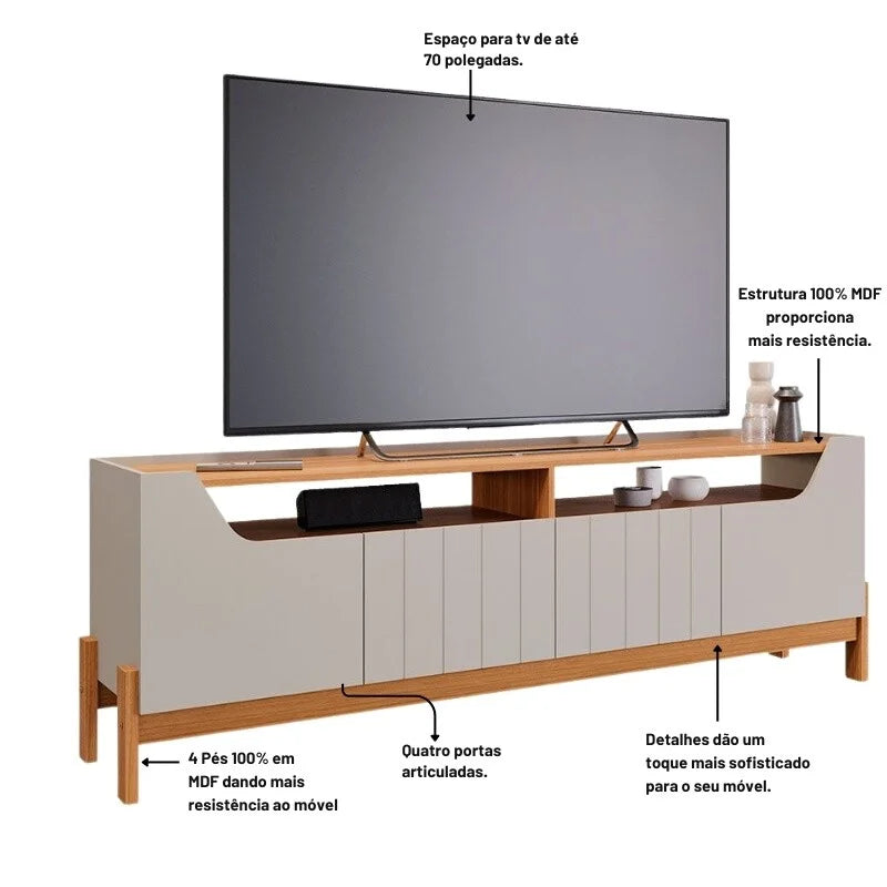Rack Bancada Moema Larg. 1.85m Off/Cinamomo 100% MDF para TV até 70″ – Permóbili