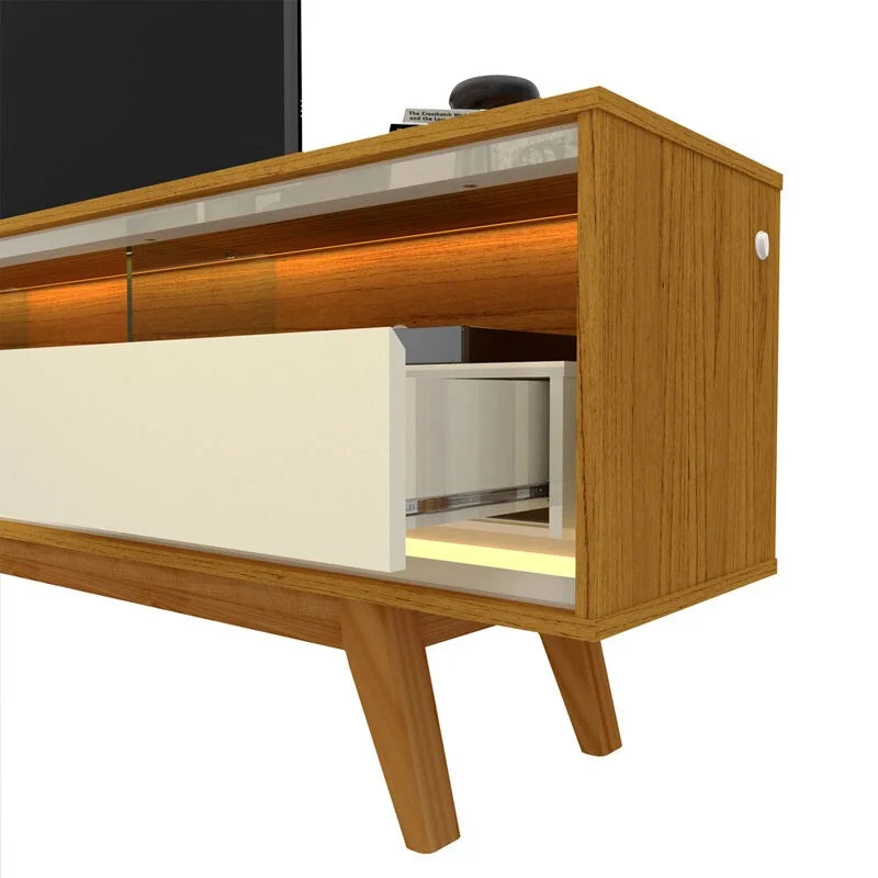 Rack Requinte Larg. 2.12m Naturale/off + Painel Nobre Larg. 2.30m Naturale Ripado C/ Led 100% MDF TV até 85″ – Gelius