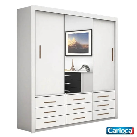 Guarda-Roupa Casal Anjos Branco 3 Portas 9 Gavetas C/ 1 Espelho Larg. 1.91m – Carioca