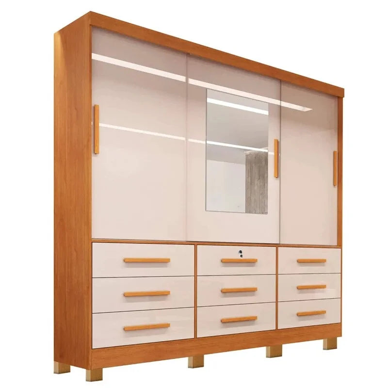 Guarda-roupa Casal Athenas Nature/Off 3 Portas 9 Gavetas C/ Espelho e Pés 100% MDF Larg. 1.80m – Bianchi
