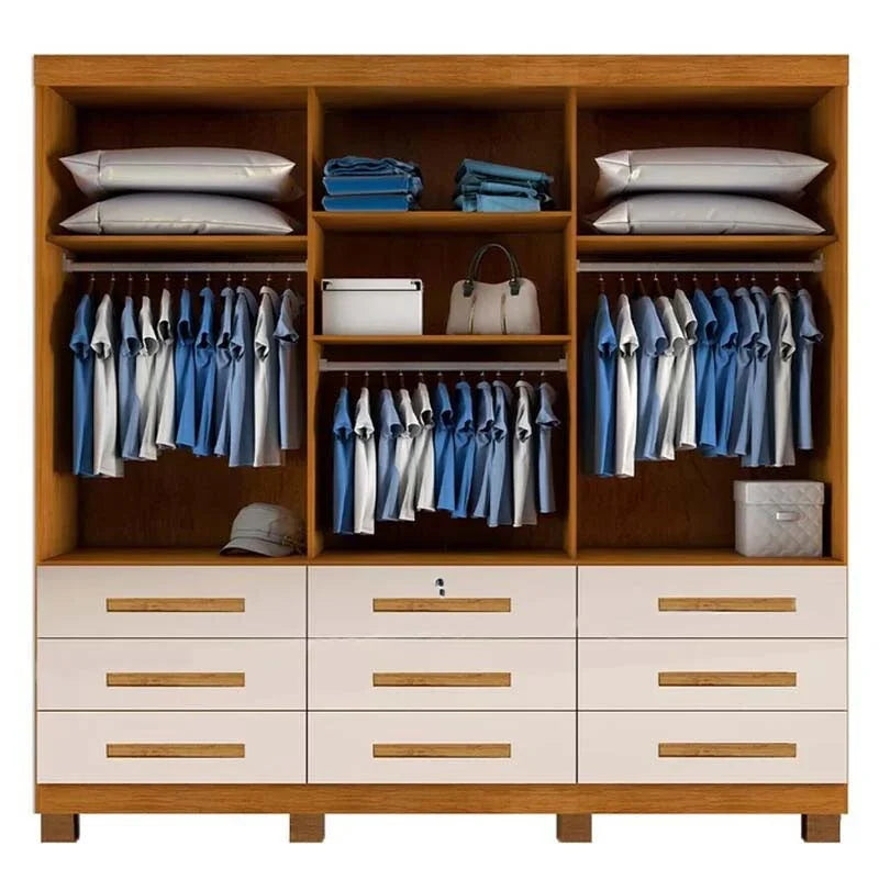 Guarda-roupa Casal Athenas Nature/Off 3 Portas 9 Gavetas C/ Espelho e Pés 100% MDF Larg. 1.80m – Bianchi