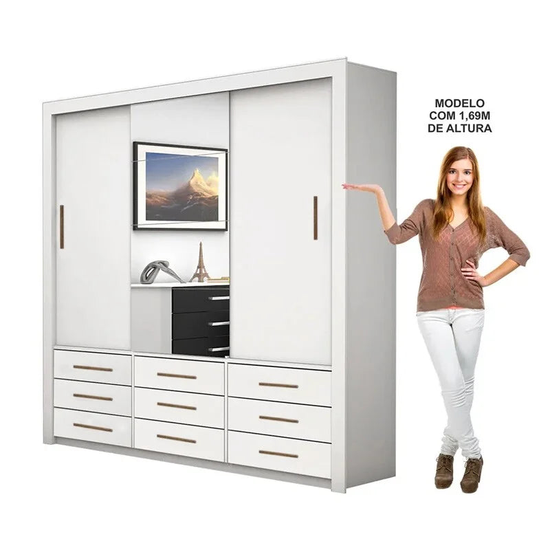 Guarda-Roupa Casal Anjos Branco 3 Portas 9 Gavetas C/ 1 Espelho Larg. 1.91m – Carioca
