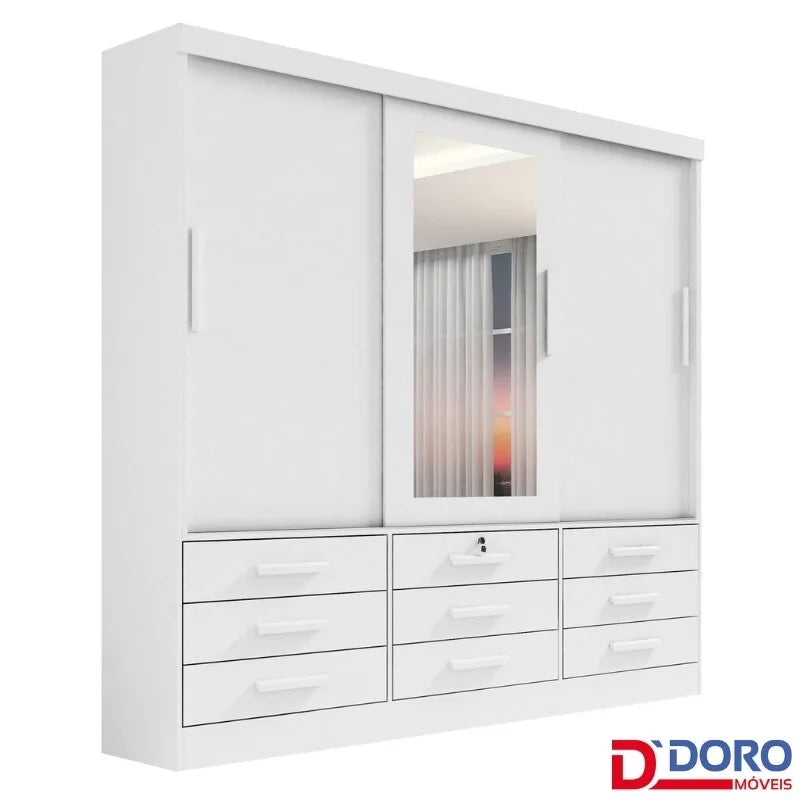 Guarda-roupa Casal Meridian Plus Branco 3 Portas 9 Gavetas C/ 1 Espelho Larg. 2.00m – D Doro
