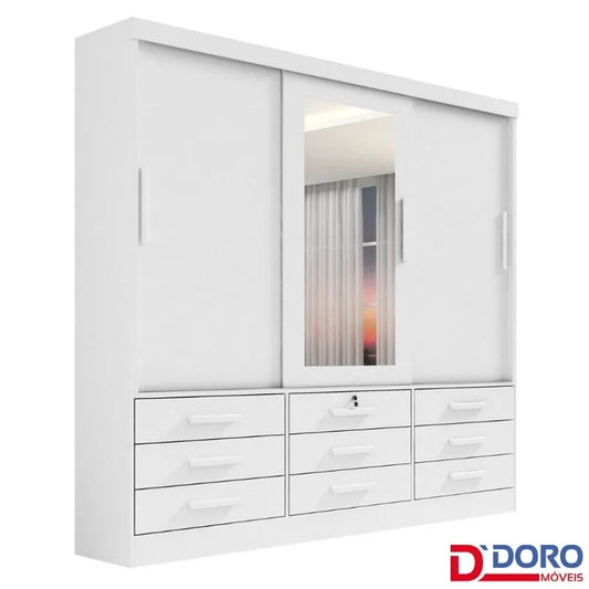Guarda-roupa Casal Meridian Plus Branco 3 Portas 9 Gavetas C/ 1 Espelho Larg. 2.00m – D Doro