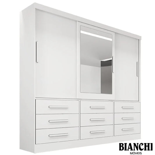 Guarda-roupa Casal Turim Branco 3 Portas 9 Gavetas C/ 1 Espelho 100% MDF Larg. 2.11 – Bianchi