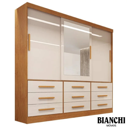 Guarda-roupa Casal Turim Nature/Off 3 Portas 9 Gavetas C/ 1 Espelho 100% MDF Larg. 2.11 – Bianchi