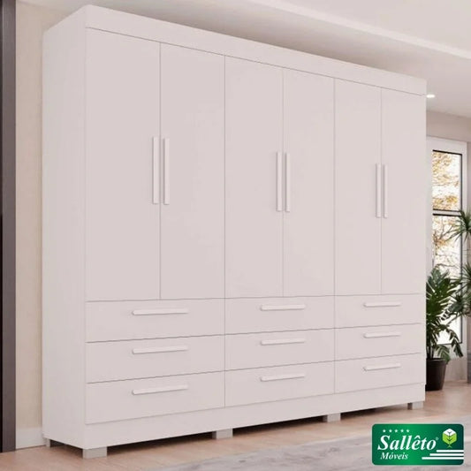 Guarda-roupa Casal Dinamarca Branco 6 Portas 9 Gavetas C/pés Larg. 1.80m – Sallêto