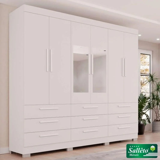 Guarda-roupa Casal Dinamarca Branco C/Espelho 6 Portas 9 Gavetas C/pés Larg. 1.80m – Sallêto