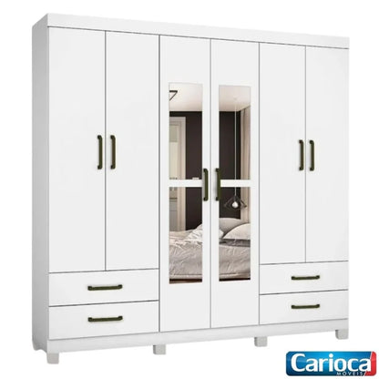 Guarda-roupa Casal Hercules Branco 6 Portas 4 Gavetas C/ Espelho e Pés Larg. 1.77m – Carioca