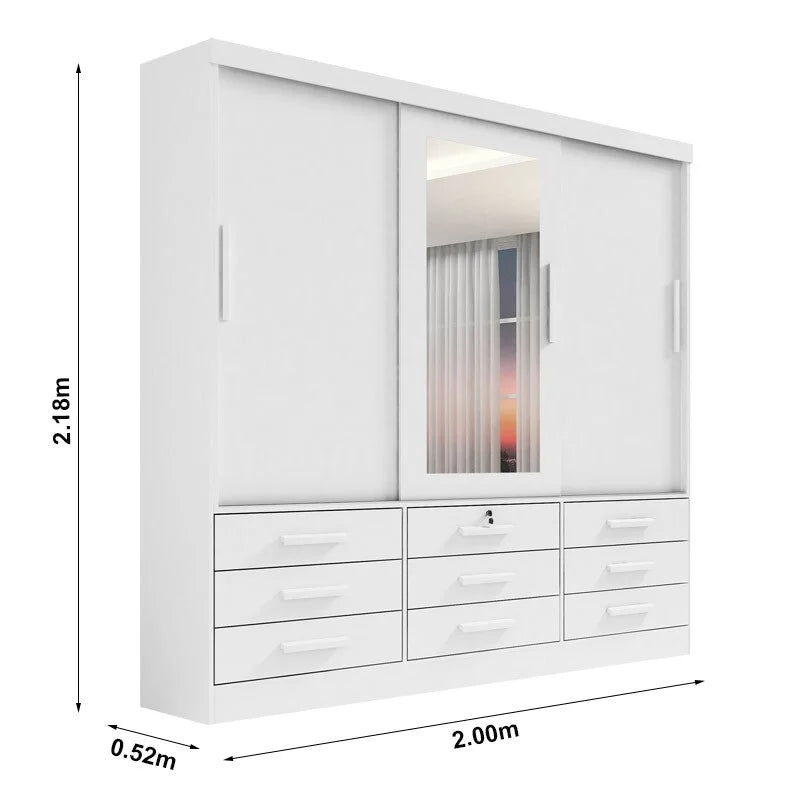 Guarda-roupa Casal Meridian Plus Branco 3 Portas 9 Gavetas C/ 1 Espelho Larg. 2.00m – D Doro