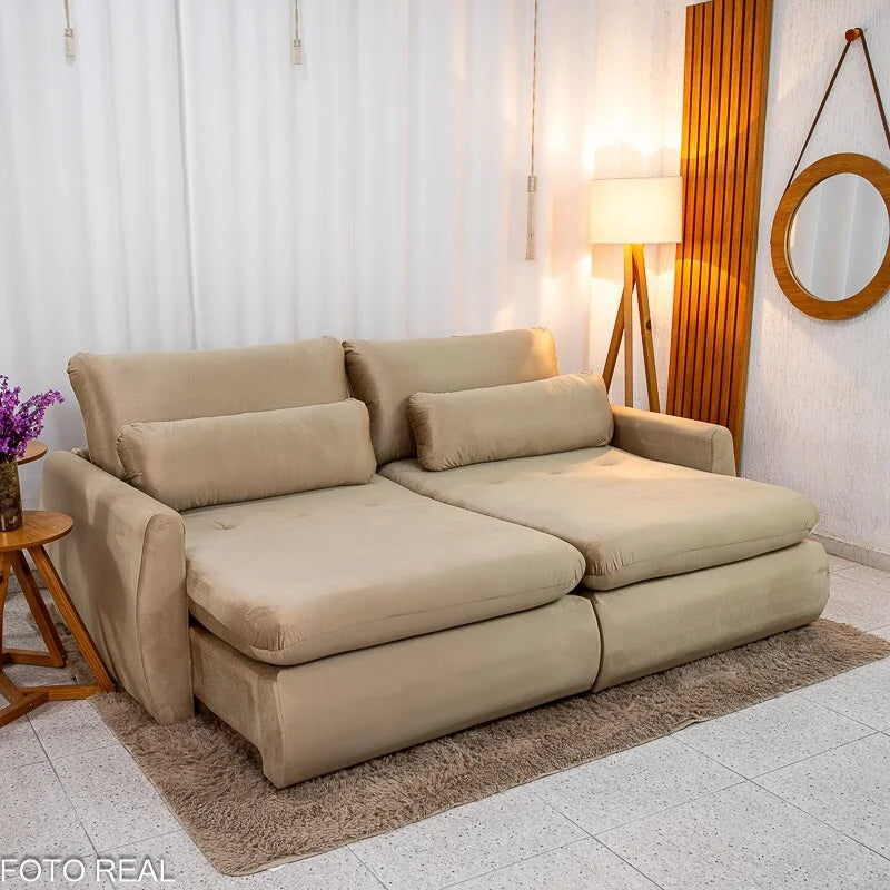 Sofá Retrátil Amaranto Premium 2.30m Veludo Bege – Sem Caixa