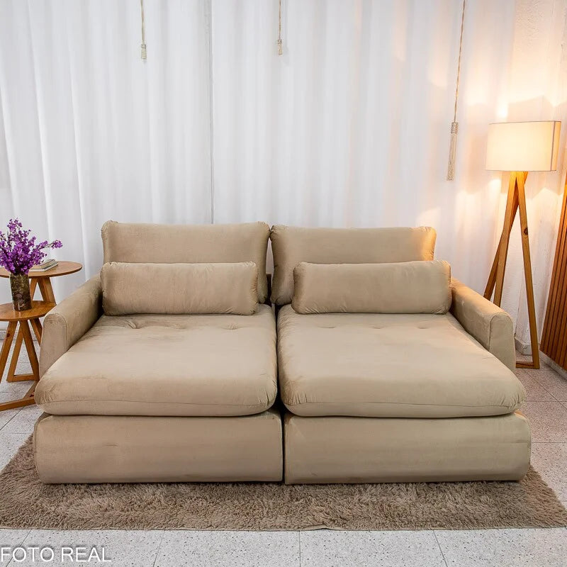 Sofá Retrátil Amaranto Premium 2.30m Veludo Bege – Sem Caixa