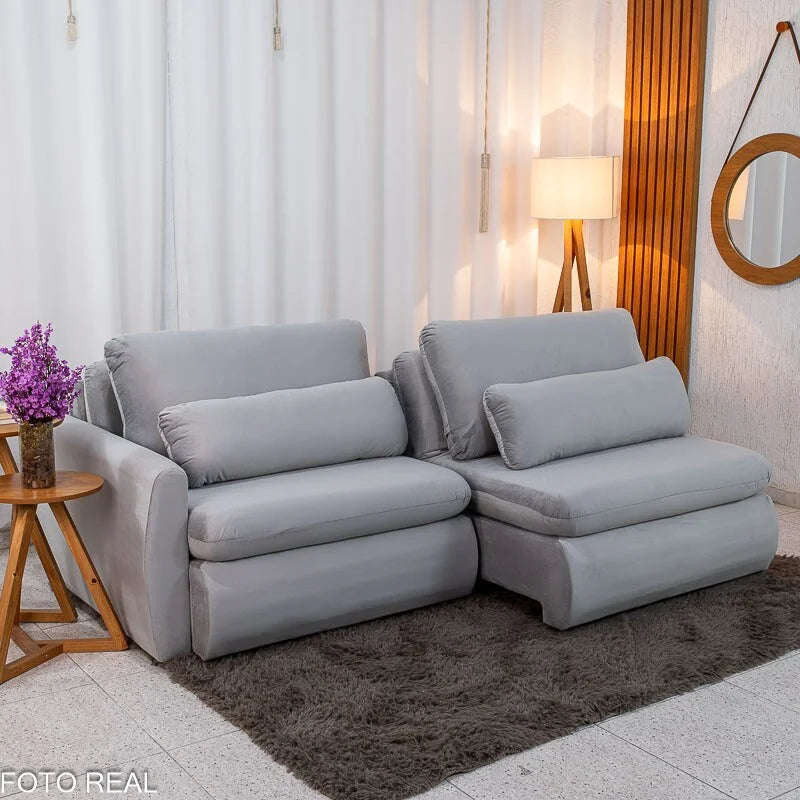 Sofá Retrátil Amaranto Premium 2.30m Veludo Prata – Sem Caixa