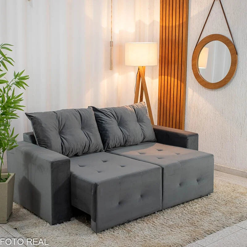 Sofá Retrátil Havaí 1.80m Veludo Cinza – Sem Caixa