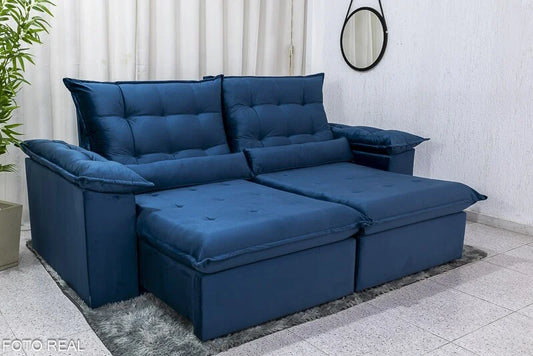 Sofá Retrátil Reclinável Emanuelly 2.30m Veludo Azul – D28 Soft