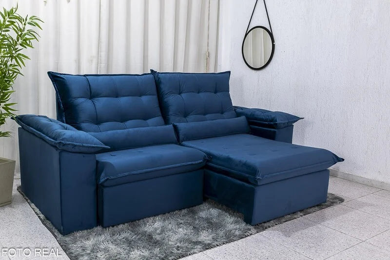 Sofá Retrátil Reclinável Emanuelly 2.30m Veludo Azul – D28 Soft