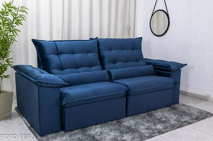 Sofá Retrátil Reclinável Emanuelly 2.30m Veludo Azul – D28 Soft