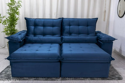 Sofá Retrátil Reclinável Emanuelly 2.30m Veludo Azul – D28 Soft