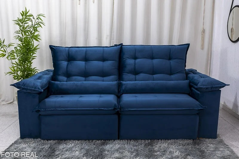 Sofá Retrátil Reclinável Emanuelly 2.30m Veludo Azul – D28 Soft