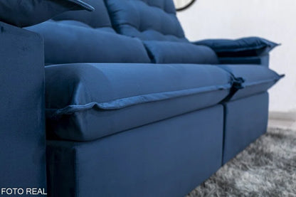 Sofá Retrátil Reclinável Emanuelly 2.30m Veludo Azul – D28 Soft