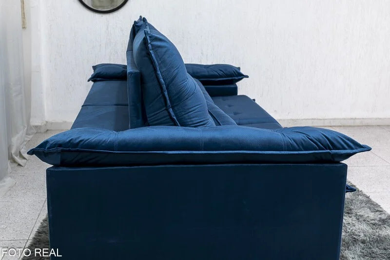 Sofá Retrátil Reclinável Emanuelly 2.30m Veludo Azul – D28 Soft