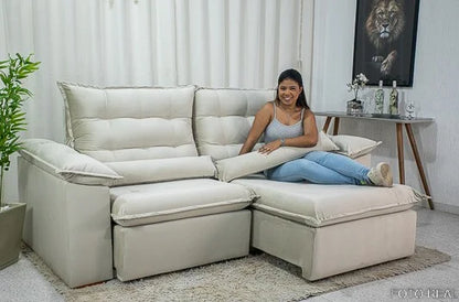 Sofá Retrátil Reclinável Emanuelly 2.30m Veludo Bege 01 – D28 Soft