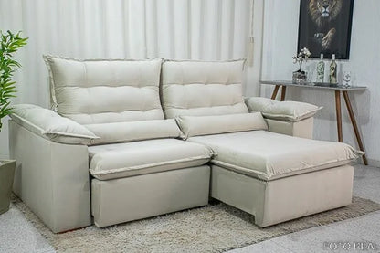 Sofá Retrátil Reclinável Emanuelly 2.30m Veludo Bege 01 – D28 Soft