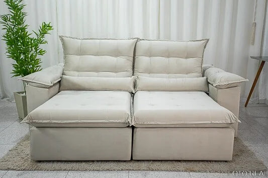 Sofá Retrátil Reclinável Emanuelly 2.30m Veludo Bege 01 – D28 Soft