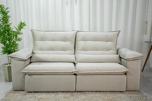 Sofá Retrátil Reclinável Emanuelly 2.30m Veludo Bege 01 – D28 Soft