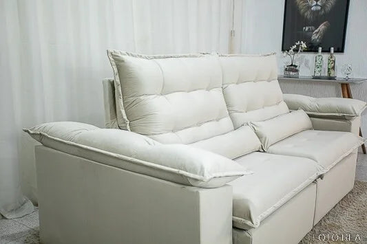 Sofá Retrátil Reclinável Emanuelly 2.30m Veludo Bege 01 – D28 Soft