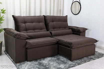 Sofá Retrátil Reclinável Emanuelly 2.30m Veludo Marrom – D28 Soft