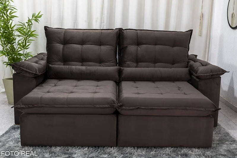 Sofá Retrátil Reclinável Emanuelly 2.30m Veludo Marrom – D28 Soft