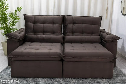 Sofá Retrátil Reclinável Emanuelly 2.30m Veludo Marrom – D28 Soft