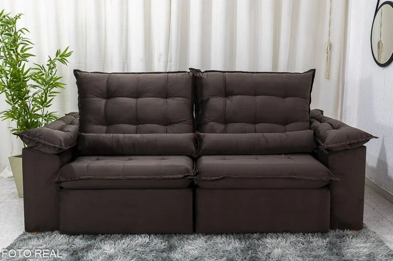 Sofá Retrátil Reclinável Emanuelly 2.30m Veludo Marrom – D28 Soft