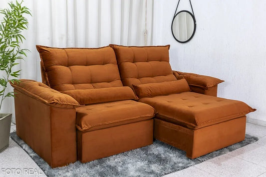 Sofá Retrátil Reclinável Emanuelly 2.30m Veludo Terracota 24 – D28 Soft
