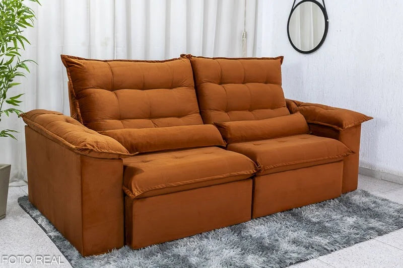Sofá Retrátil Reclinável Emanuelly 2.30m Veludo Terracota 24 – D28 Soft